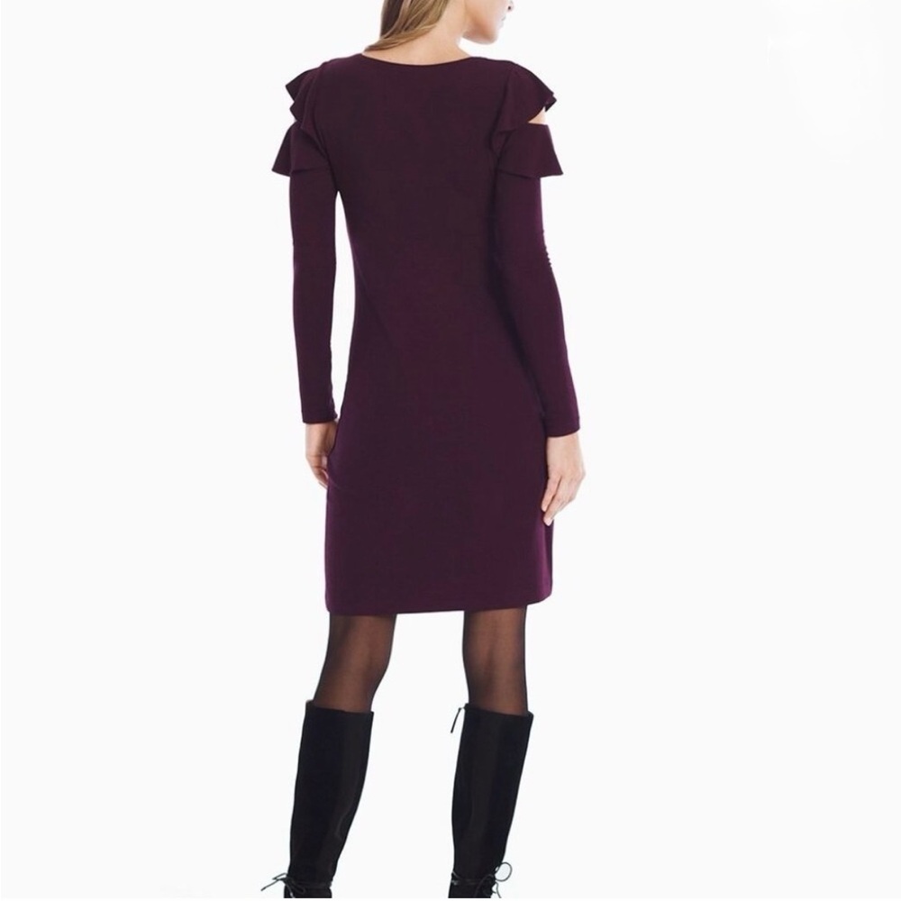 White House Black Market Long-Sleeve Ruffle Cold Shoulder Dress Cabernet Sz SP - Picture 2 of 13